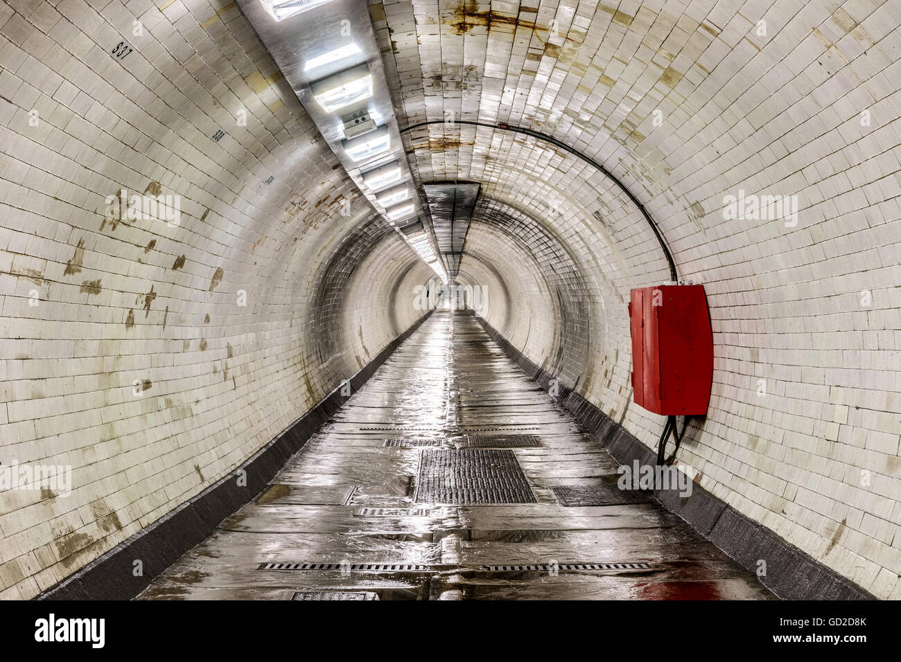 Il piede di Greenwich attraversa il tunnel sotto il fiume Tamigi, collegando Greenwich nel Sud con l'Isle of Dogs a nord. Foto Stock