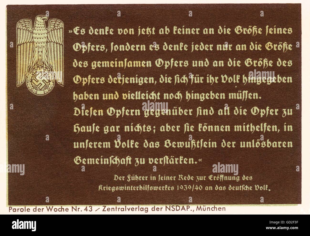 Nazional socialismo, organizzazioni, volantino di propaganda del Winter Welfare 1939/40 ( il Welfare invernale della prima guerra ), è stata l'organizzazione di soccorso invernale del Sazialismo Nazionale, è stampato una parte del discorso di Adolf Hitler a questo evento, Dimensioni originali di questo opuscolo da 10 cm a 7,2 cm, storico, storico, Germania, terzo Reich, organizzazione di soccorso, winter Welfare, 1930, 1930, 1940, 20 ° secolo, diritti aggiuntivi-clearences-non disponibile Foto Stock