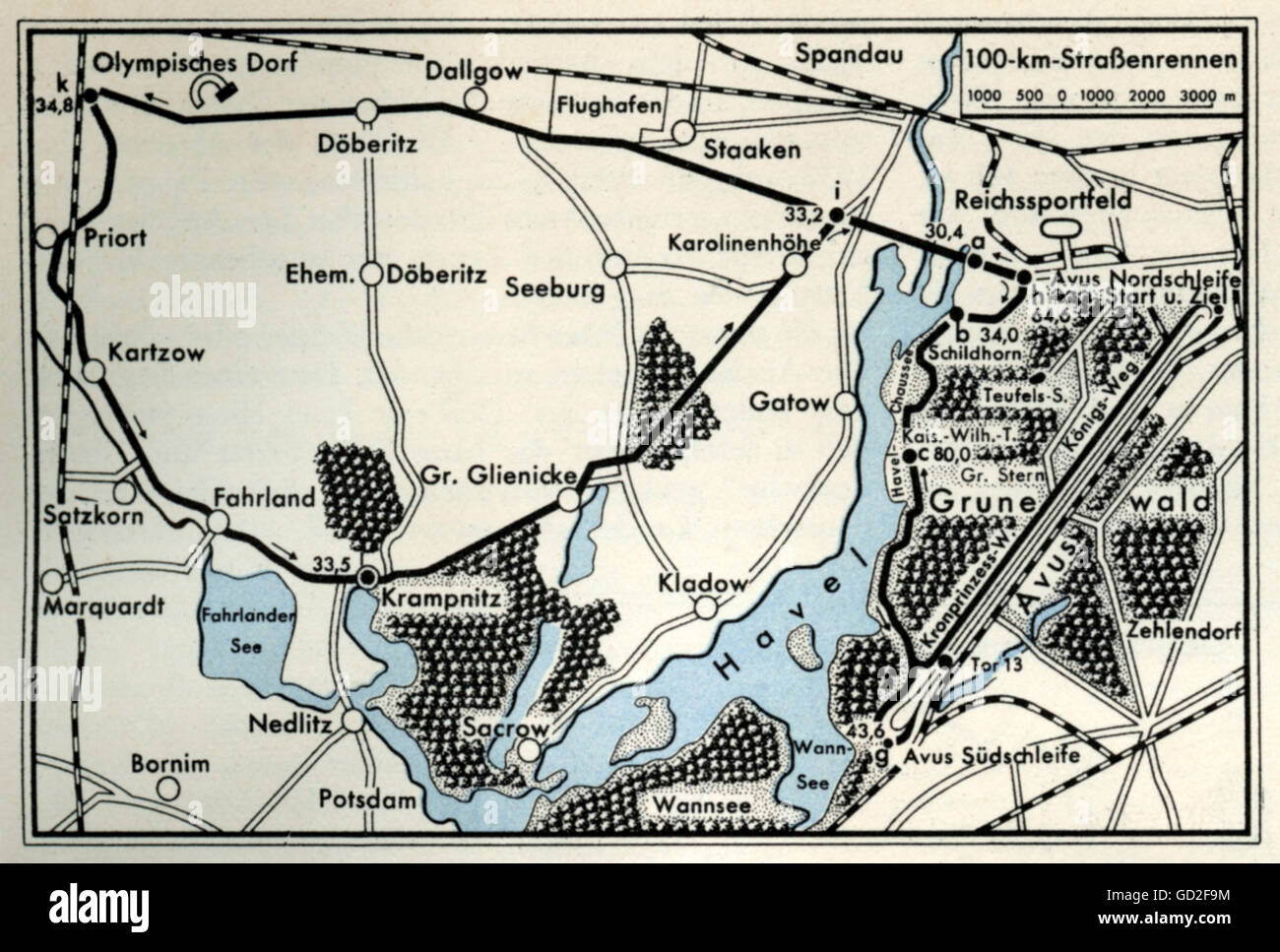 Sport, Giochi Olimpici, Berlino 1.- 16.8.1936, ciclismo, percorso della corsa di strada 100 km, mappa, 1936, giochi estivi, XI Olympiad, Germania, anni trenta, XX secolo, storico, storico, diritti aggiuntivi-clearences-non disponibile Foto Stock