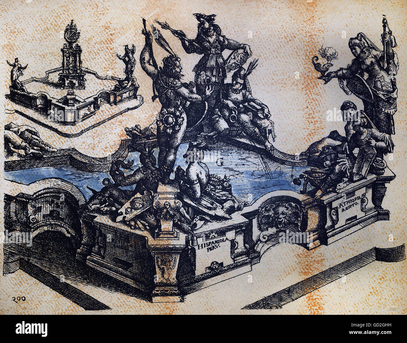 Belle arti, Dietterlin Wendel (1550 / 1551 - 1599), attacco chimico, un concetto per un fontana dei continenti, da: 'Architectura', Norimberga, 1598, collezione privata, artista del diritto d'autore non deve essere cancellata Foto Stock