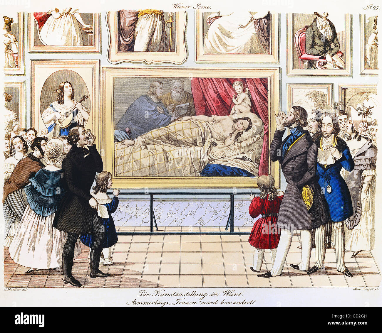 Mostre, belle arti, visitatori di una mostra d'arte guardando 'Dream' di Amerling, dopo il disegno di Schoeller, incisione, colorata, di Andreas Geiger, da: 'Wiener Theaterzeitung', Vienna, circa 1845, collezione privata, diritti aggiuntivi-clearences-non disponibile Foto Stock