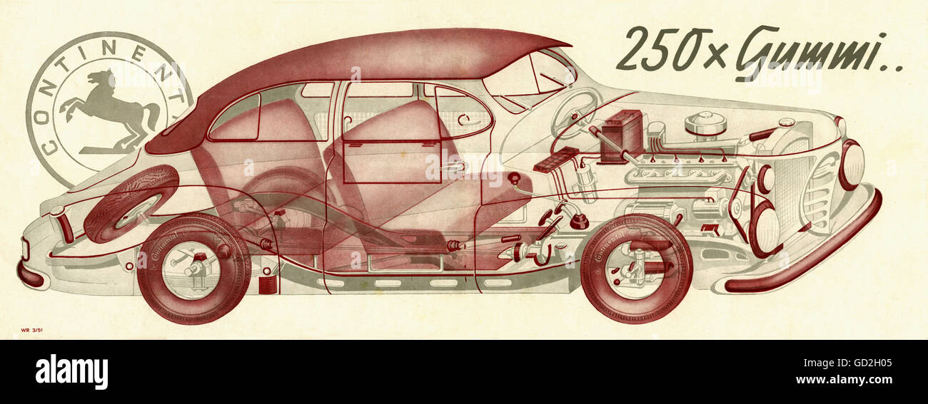 Pubblicità, auto, 250 diversi componenti in gomma in auto, prospetto della Continental AG, Hannover, Germania, 1951, diritti aggiuntivi-clearences-non disponibile Foto Stock