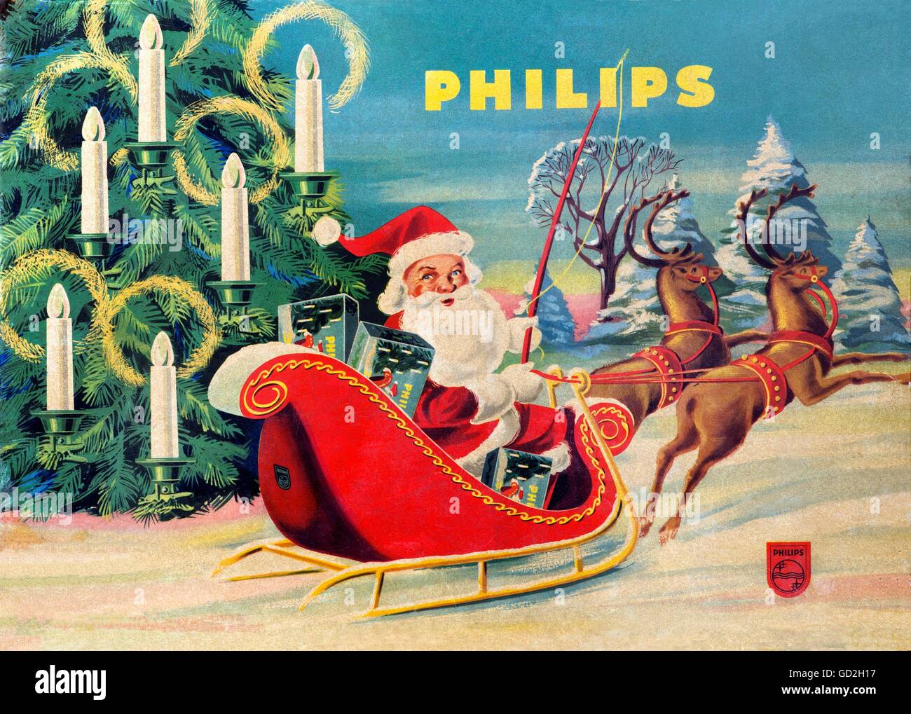 Natale, le luci dell'albero di Natale di Philips, imballaggio, San Nicola sta portando le luci dell'albero di Natale con la slitta, Germania, circa 1959, Additional-Rights-Clearences-non disponibile Foto Stock