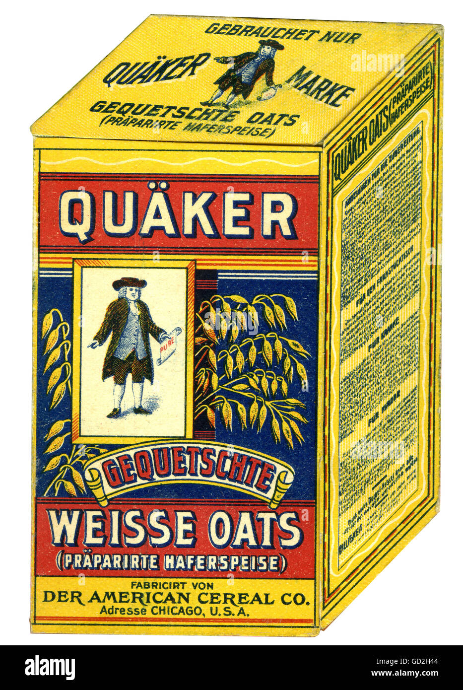 Pubblicità, cibo, pubblicità molto presto per fiocchi di avena, etichetta Quaeker avena, pipistrelli bianchi spremute, conserve avena alimentare, molto presto americano marchio articolo, fatto da: The American Cereal Company, Chicago, Illinois, Germania, 1898, Additional-Rights-Clearences-non disponibile Foto Stock