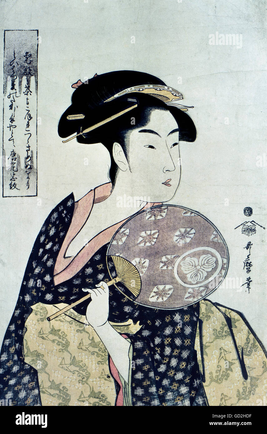 Utamaro, Kitagawa (1753 - 1806), grafico, 'la teahouse ragazza Ohisa da Takashima house', XVIII secolo, colore xilografia, collezione privata, artista del diritto d'autore non deve essere cancellata Foto Stock