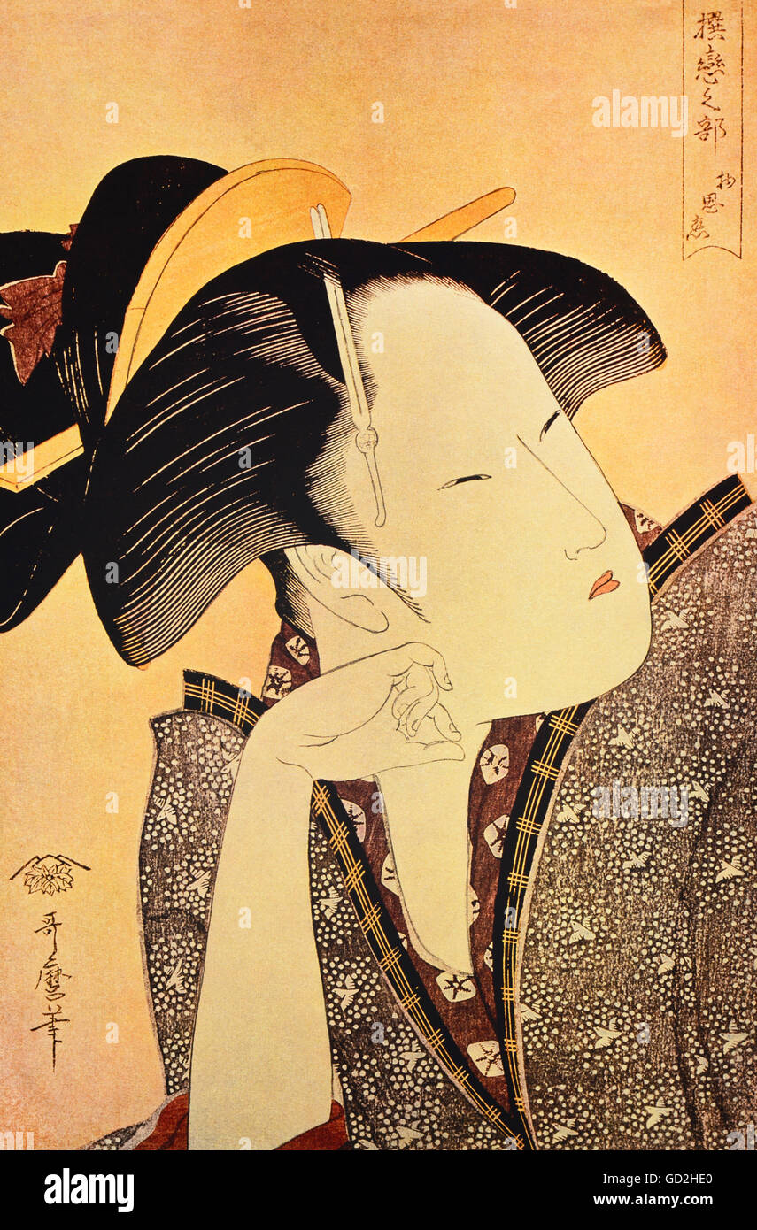 Belle arti, Utamaro, Kitagawa (1753 - 1806), grafica, 'Mono-omou-koi' (amore struggente), all'inizio del XIX secolo, colore xilografia, collezione privata, artista del diritto d'autore non deve essere cancellata Foto Stock