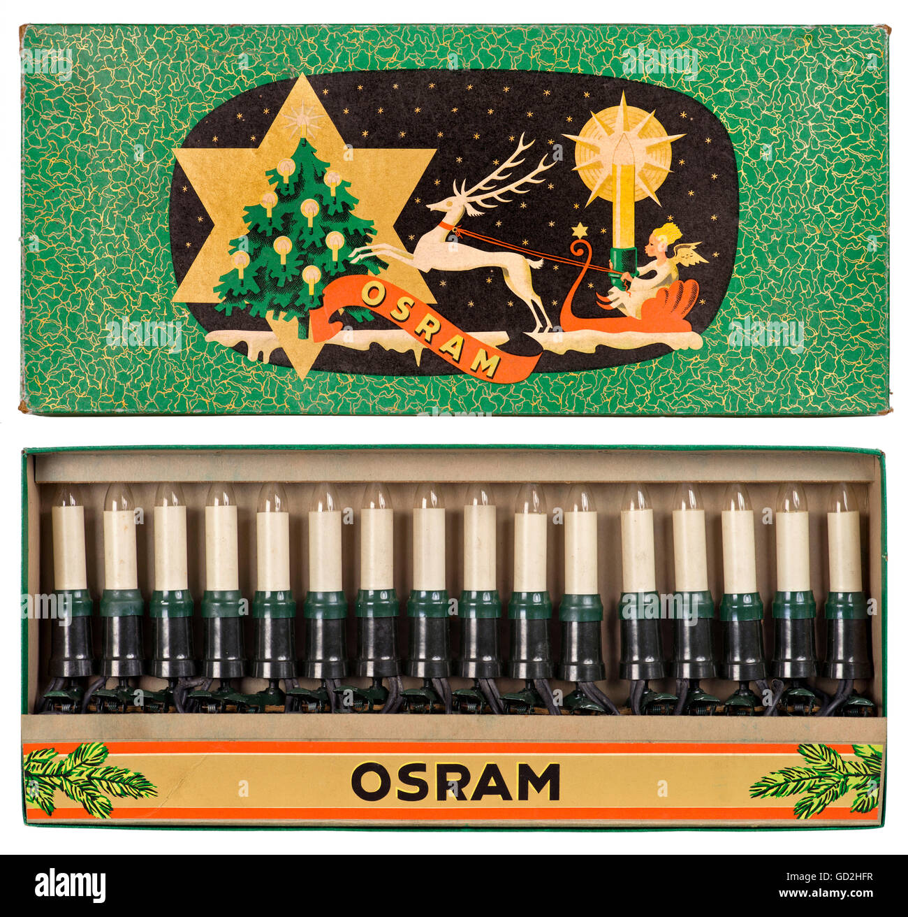 Natale, le illuminazioni dell'albero di Natale, Osram, luci delle fate in imballaggio originale, Germania, circa 1958, diritti aggiuntivi-clearences-non disponibile Foto Stock