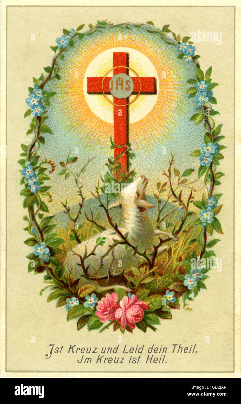 Festività, Pasqua, preghiera nota 'IST Kreuz und Leid dein Theil im Kreuz ist Heil', Agnus dei, Germania, 1884, Additional-Rights-Clearences-Not Available Foto Stock