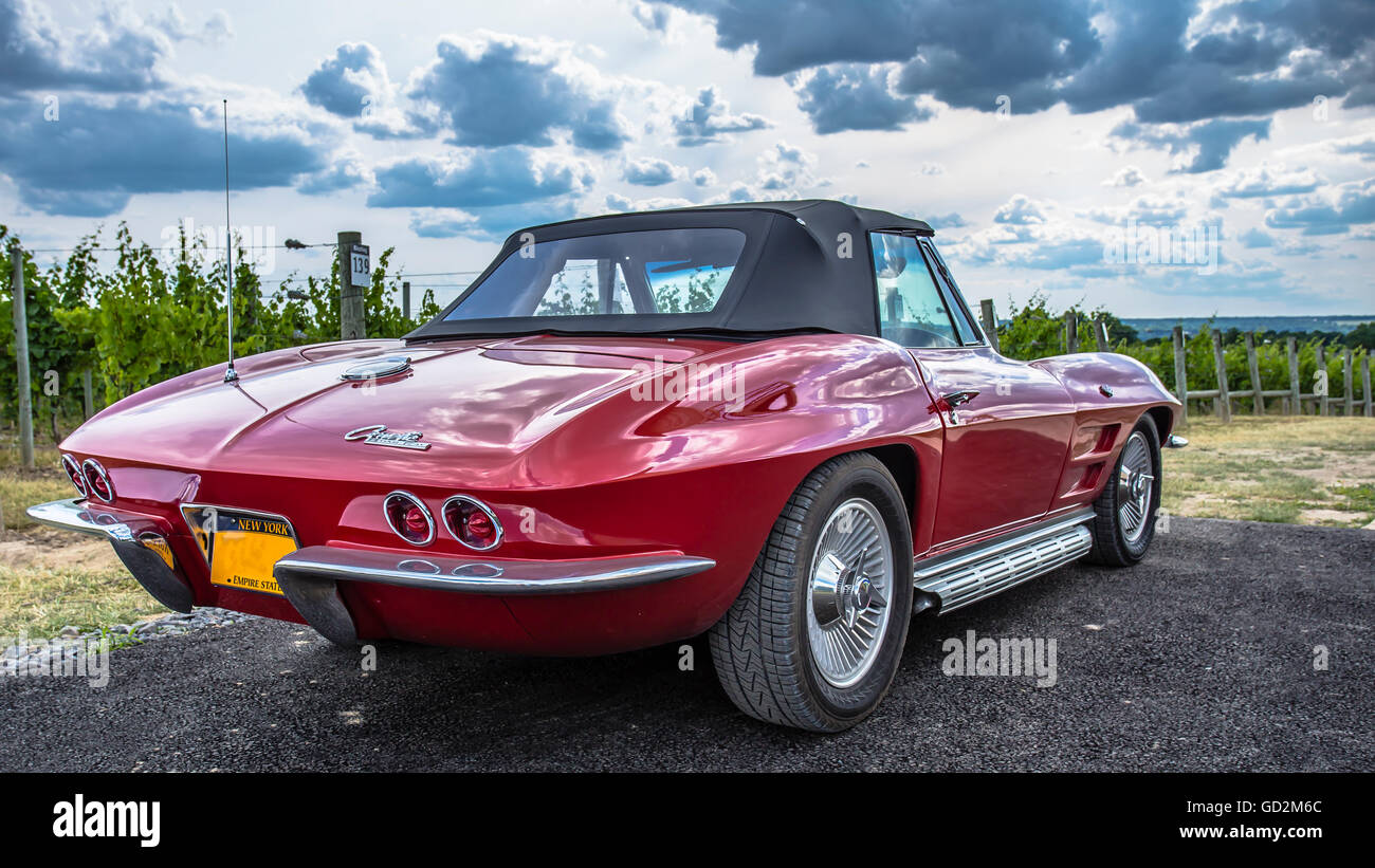 Un vintage red Corvette Sting Ray vettura sportiva in un vigneto in Upstate New York. Foto Stock