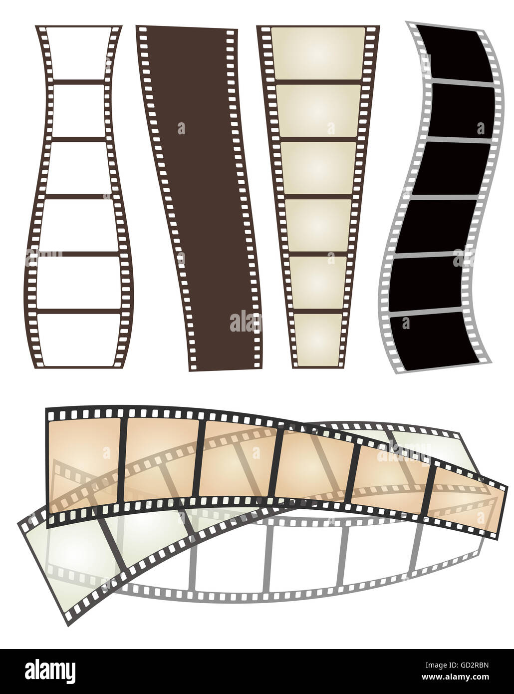 Set di vari tipi e forme di strisce di film su bianco Foto Stock