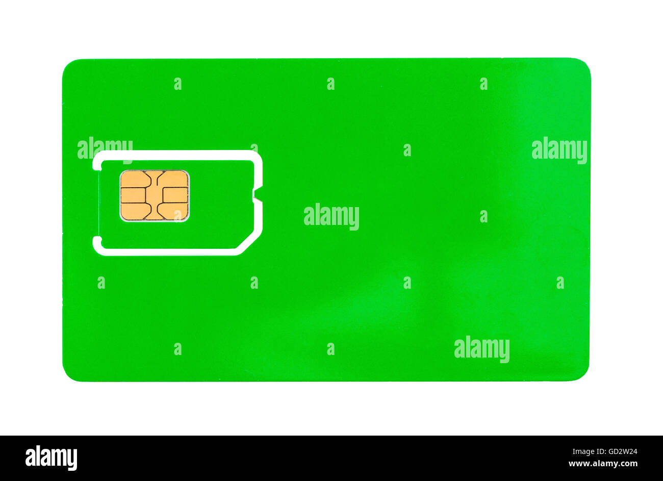 Verde la scheda SIM di un telefono cellulare con uno spazio vuoto per la scrittura isolato Foto Stock