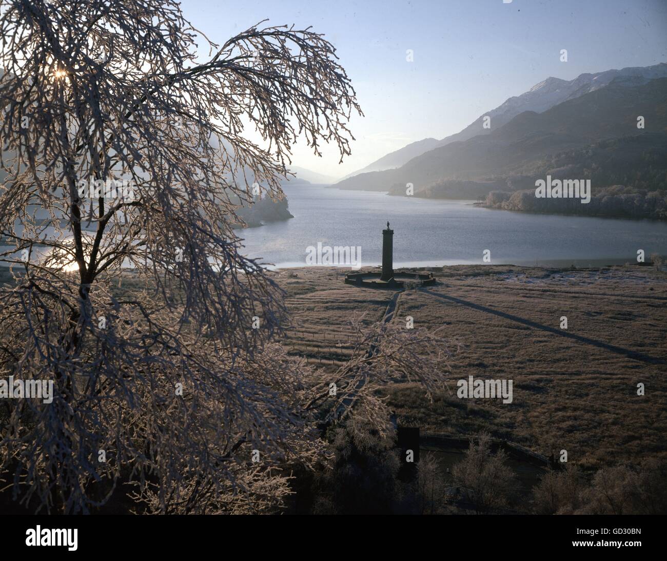 La Scozia, Iverness-Shire. Icy mattina da Loch Shiel con sever dello spessore di brina sulla betulla. Con il monumento di Glenfinnan in piedi Foto Stock