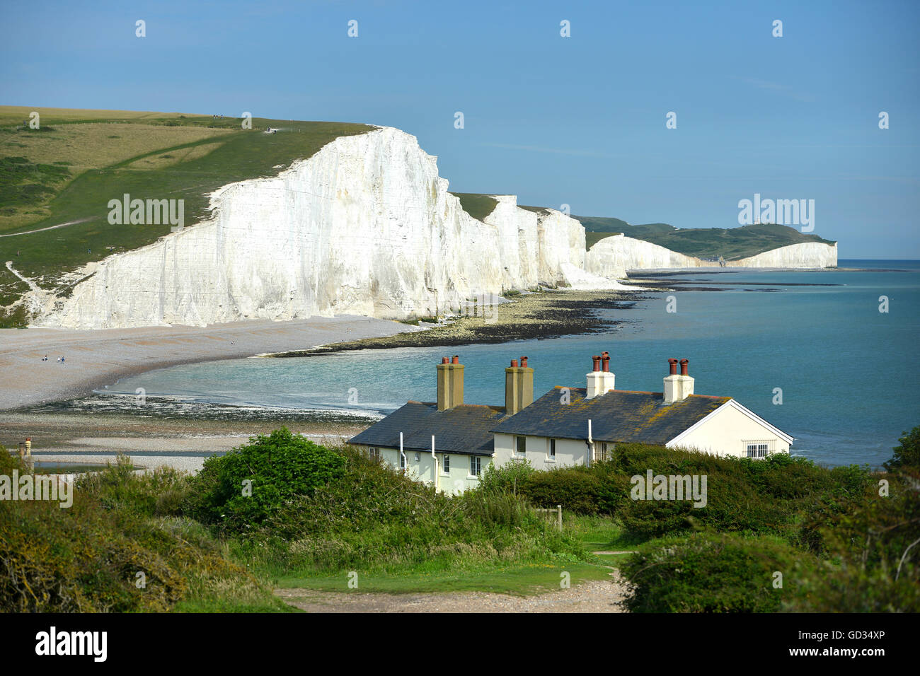 L'iconico vista della costa inglese, Sette sorelle chalk cliffs, East Sussex Foto Stock