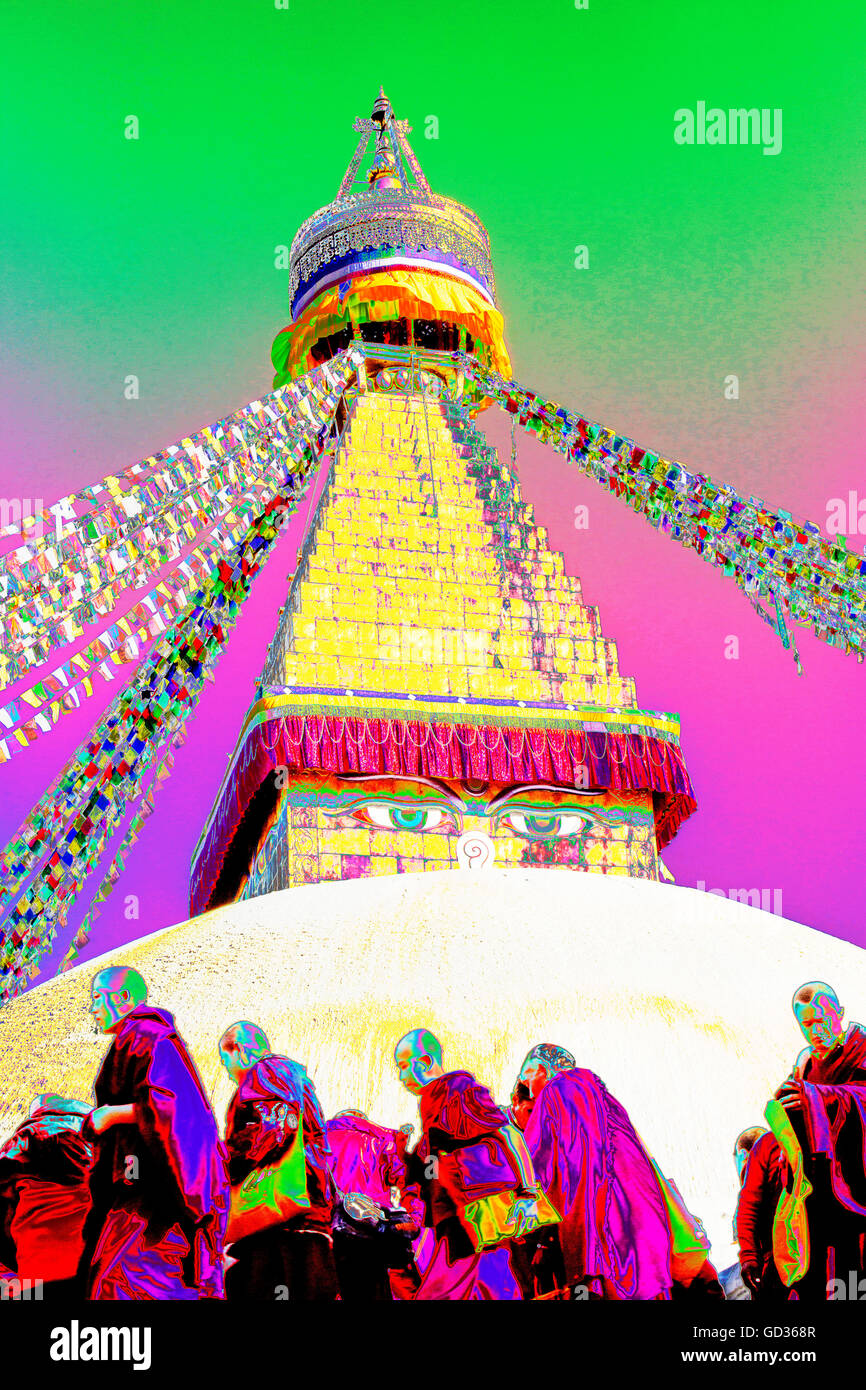 Il Boudanath Stupa, è uno del santissimo Buddist siti in Kathmandu, Nepal, durante un festival buddist. Foto Stock