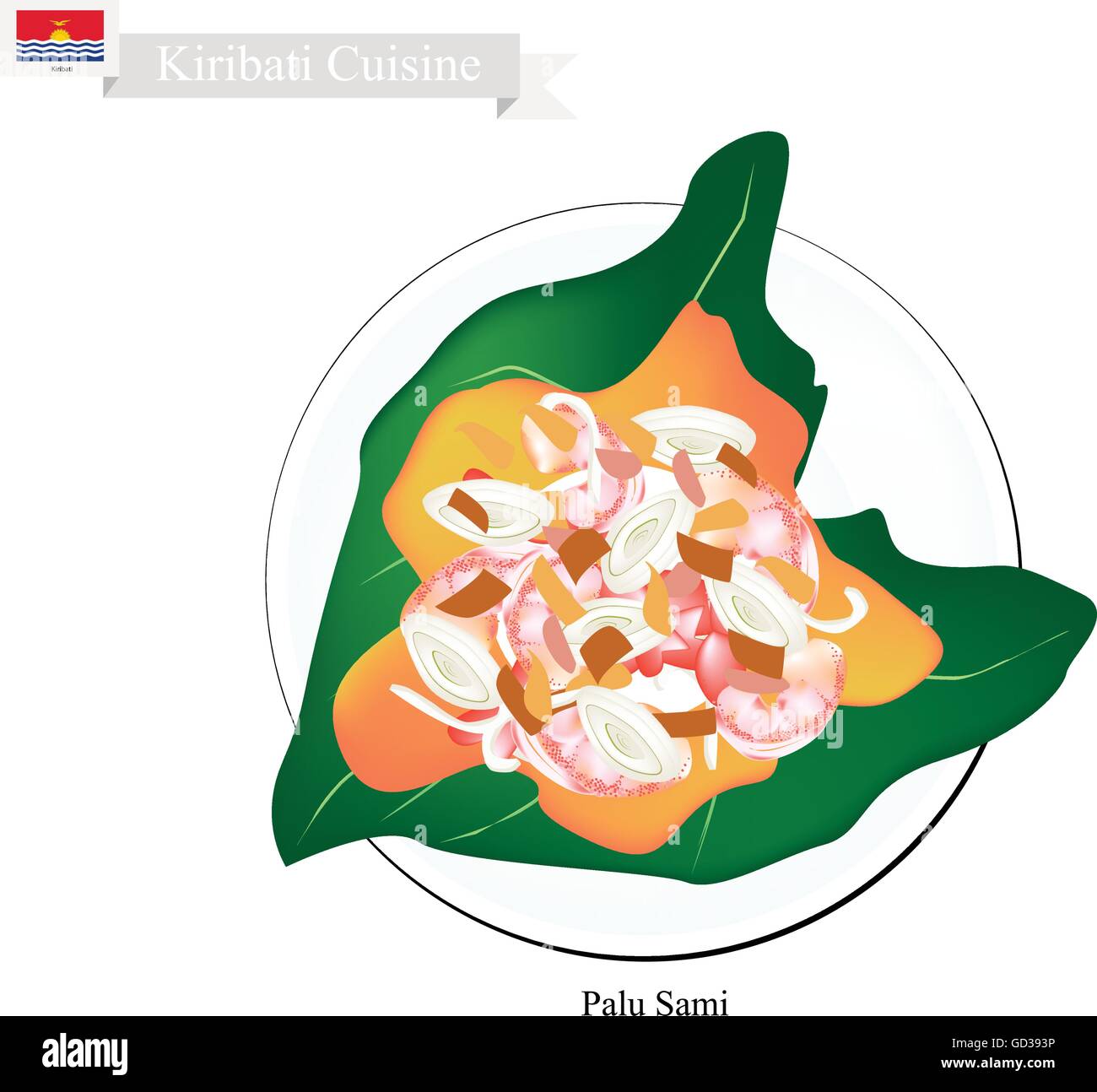Cucina di Kiribati, illustrazione di Palu Sami tradizionali o di carne con crema di noce di cocco, la cipolla e il curry in polvere avvolto in permesso di Taro Illustrazione Vettoriale
