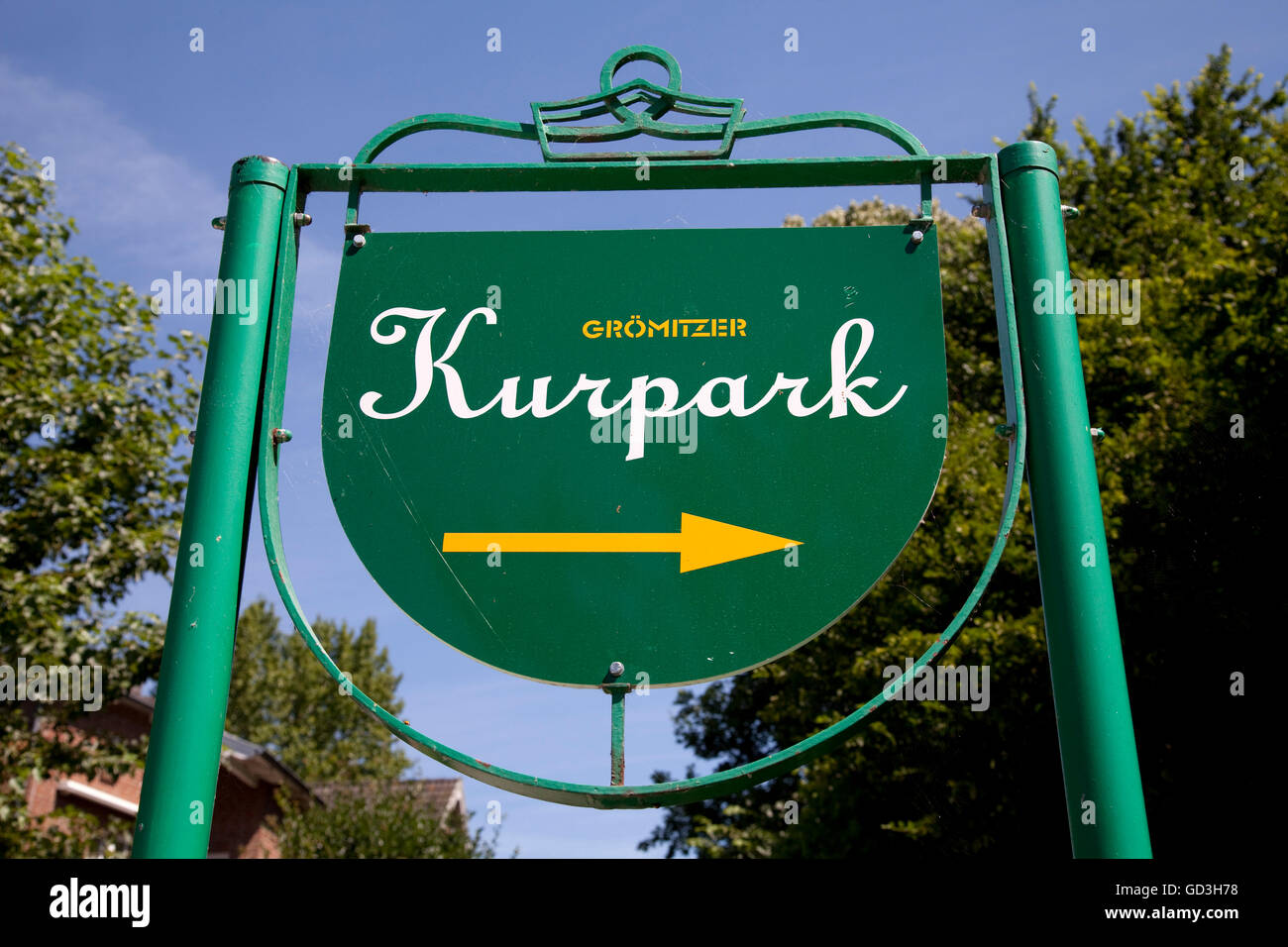 Segno del parco, Kurpark, spa garden, Mar Baltico località di Groemitz, Luebeck Bay, Mar Baltico, Schleswig-Holstein Foto Stock