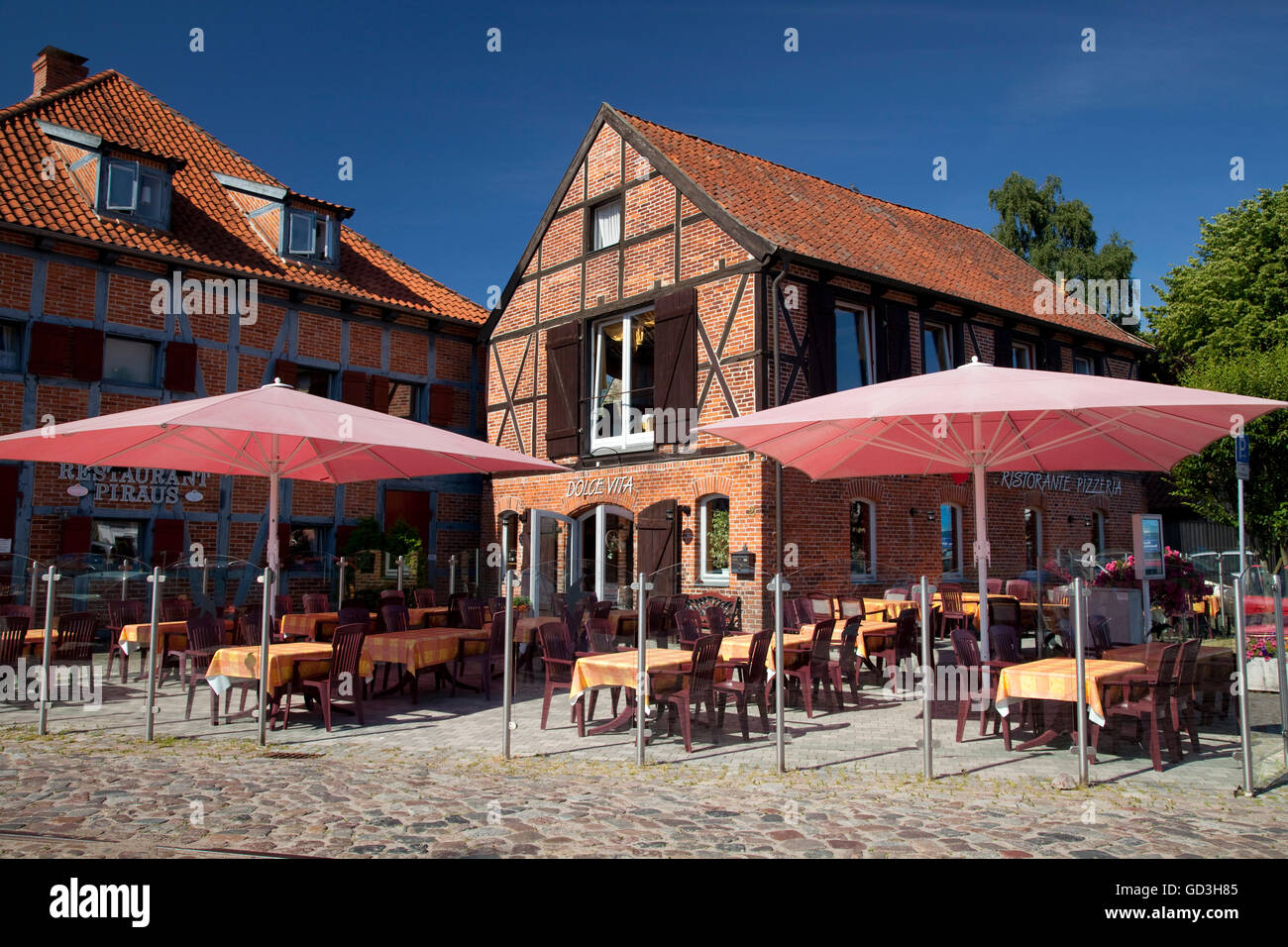 Pizzeria e ristorante, porto di Neustadt, Luebeck Bay, Mar Baltico, Schleswig-Holstein Foto Stock
