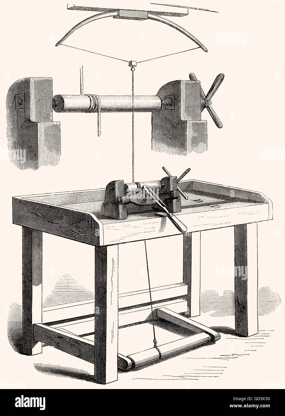 Tornio legno, secolo XIX, Holzdrehbank, 19. Jahrhundert Foto Stock