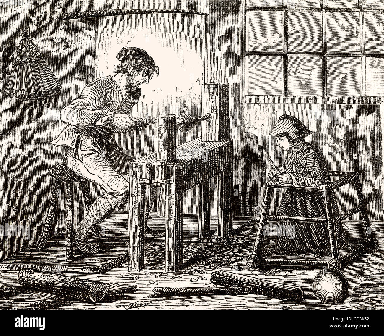 Tornio legno operatore, XVIII secolo, Drechsler un einer Holzdrehbank, 18. Jahrhundert Foto Stock
