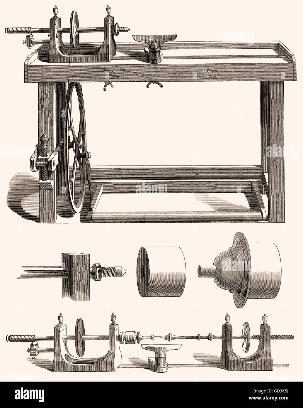 Tornio legno, secolo XIX, Holzdrehbank, 19. Jahrhundert Foto Stock