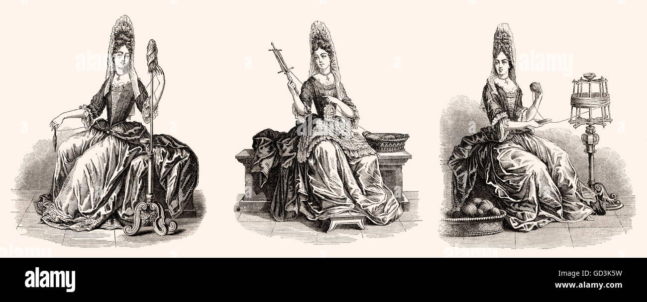 La filatura le donne in costumi francesi del XVIII secolo Foto Stock