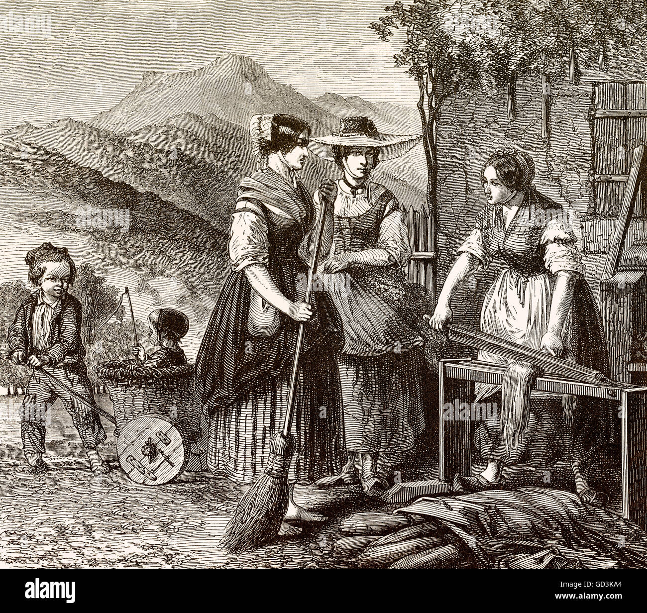 La trasformazione del lino con una leva di rottura, Vosges, XVIII secolo, le donne in costumi francesi Foto Stock