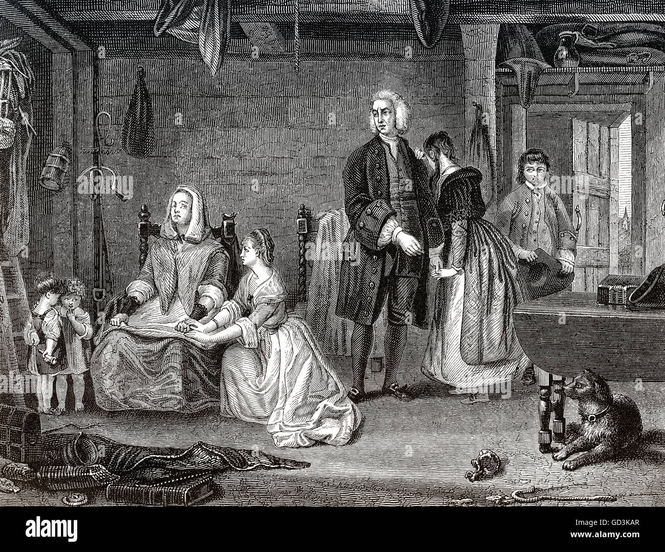 Scena dal Vicario di Wakefield, un romanzo di Oliver Goldsmith 1728 - 1774, uno scrittore irlandese Foto Stock