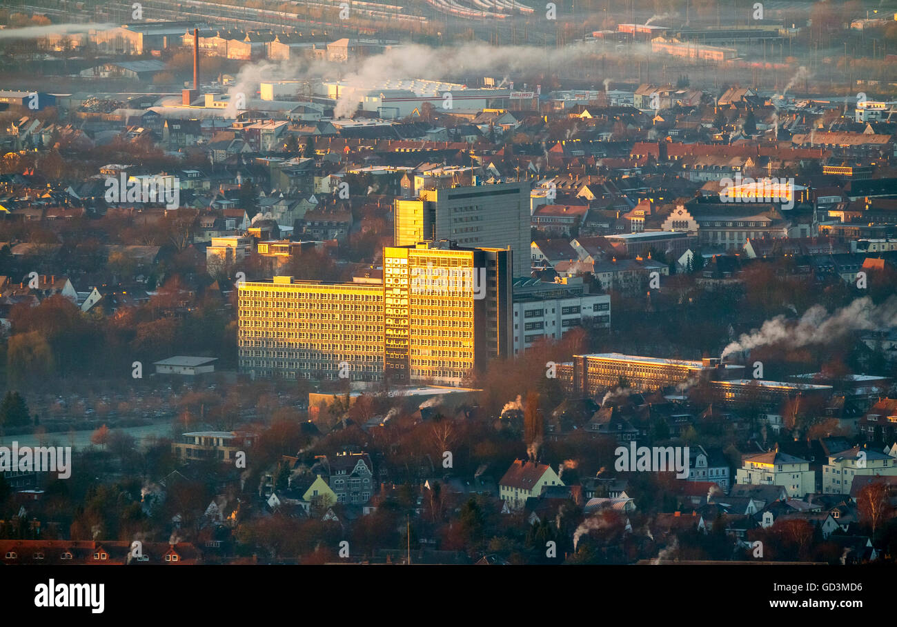 Vista aerea, OLG, Alta Corte Regionale al sole del mattino, downtown all'alba e tramonto su Hamm, vista aerea di Hamm,, Hamm, Foto Stock