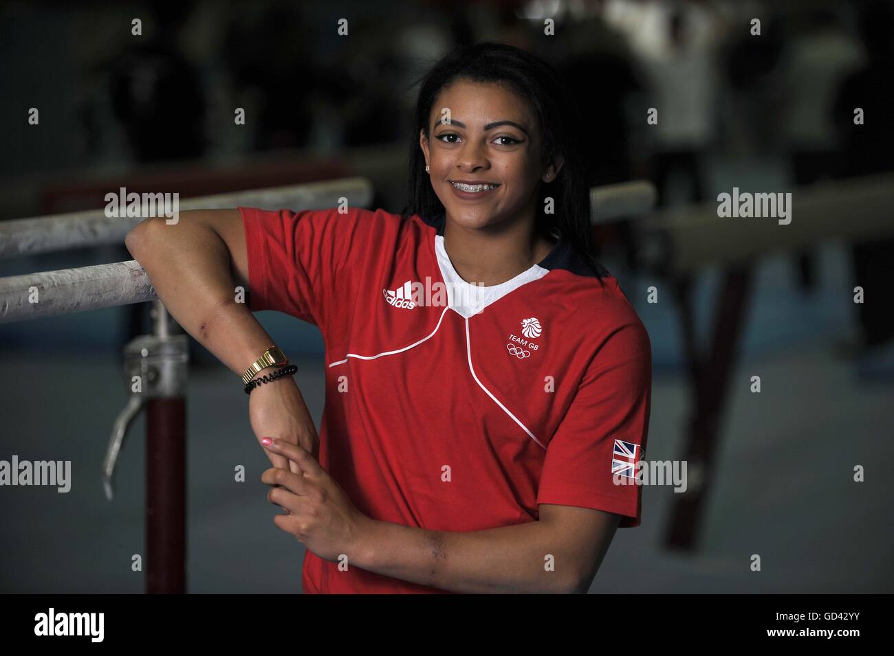 Newport Shropshire, Regno Unito. 12 Luglio, 2016. Ellie Downie. Womens artistico. TeamGB annunciare la ginnastica atleti per il Rio2016 Olimpiadi. Lilleshall National Sports Center. Newport. Shropshire. Regno Unito. 12/07/2016. Credito: Sport In immagini/Alamy Live News Foto Stock