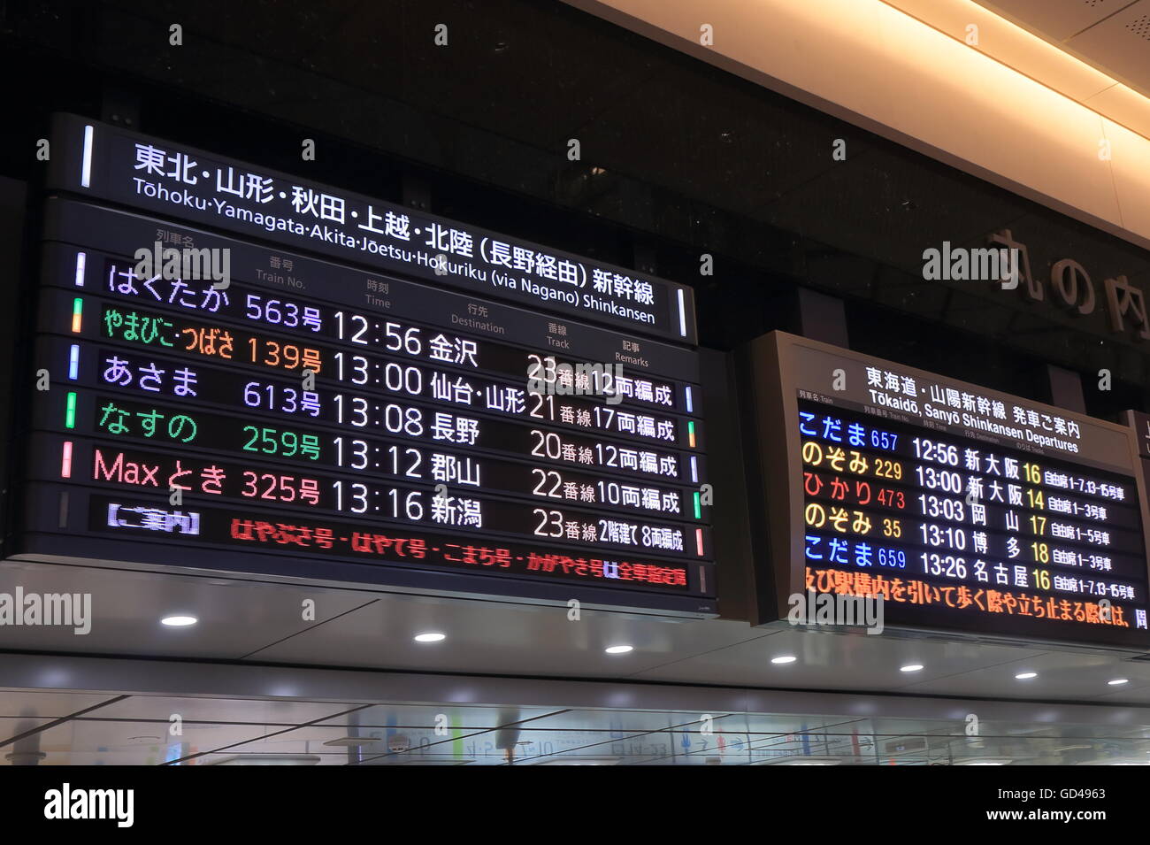 Il treno Shinkansen giapponese Shinkansen scheda di partenza a Tokyo in Giappone. Foto Stock