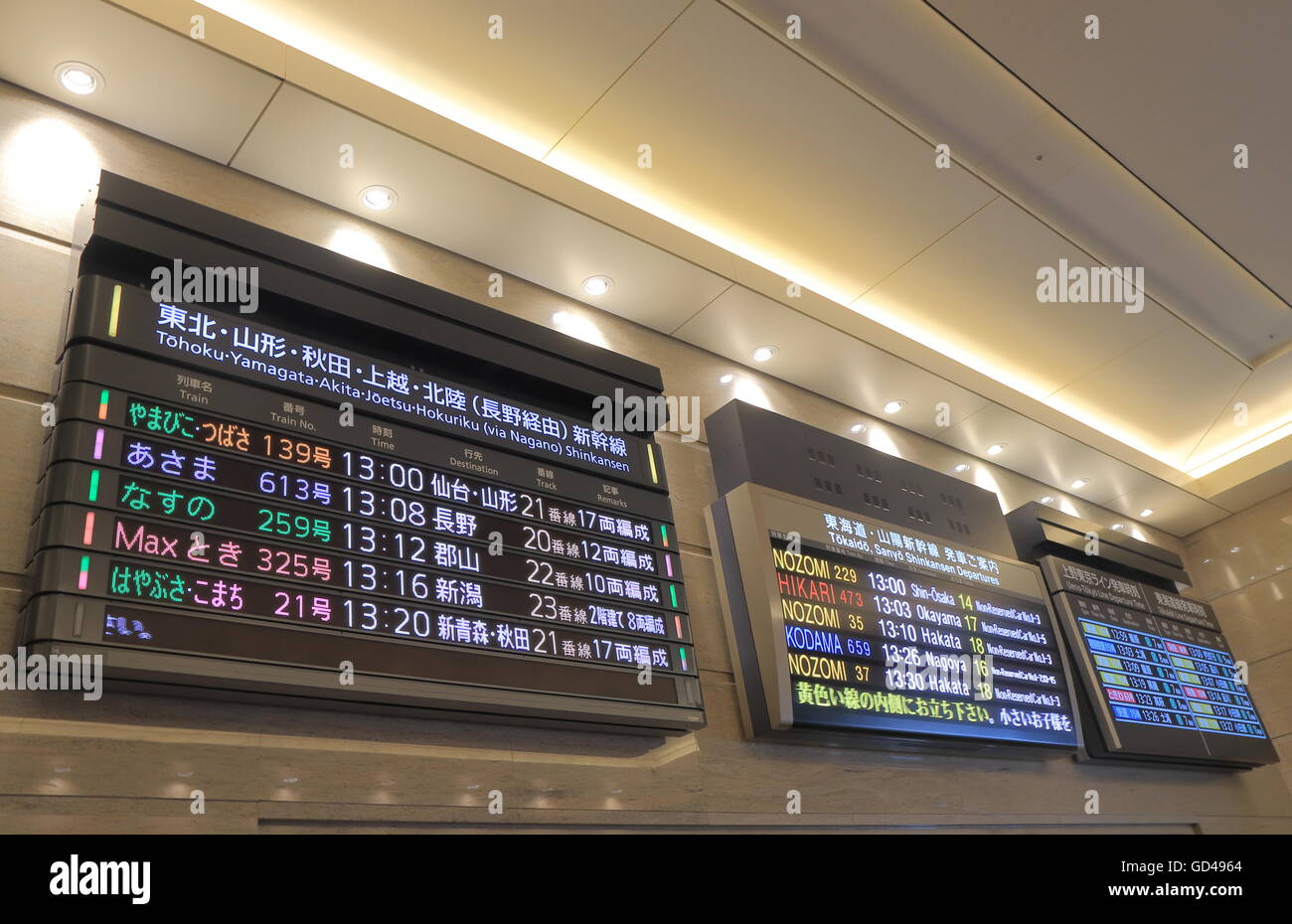 Il treno Shinkansen giapponese Shinkansen scheda di partenza a Tokyo in Giappone. Foto Stock