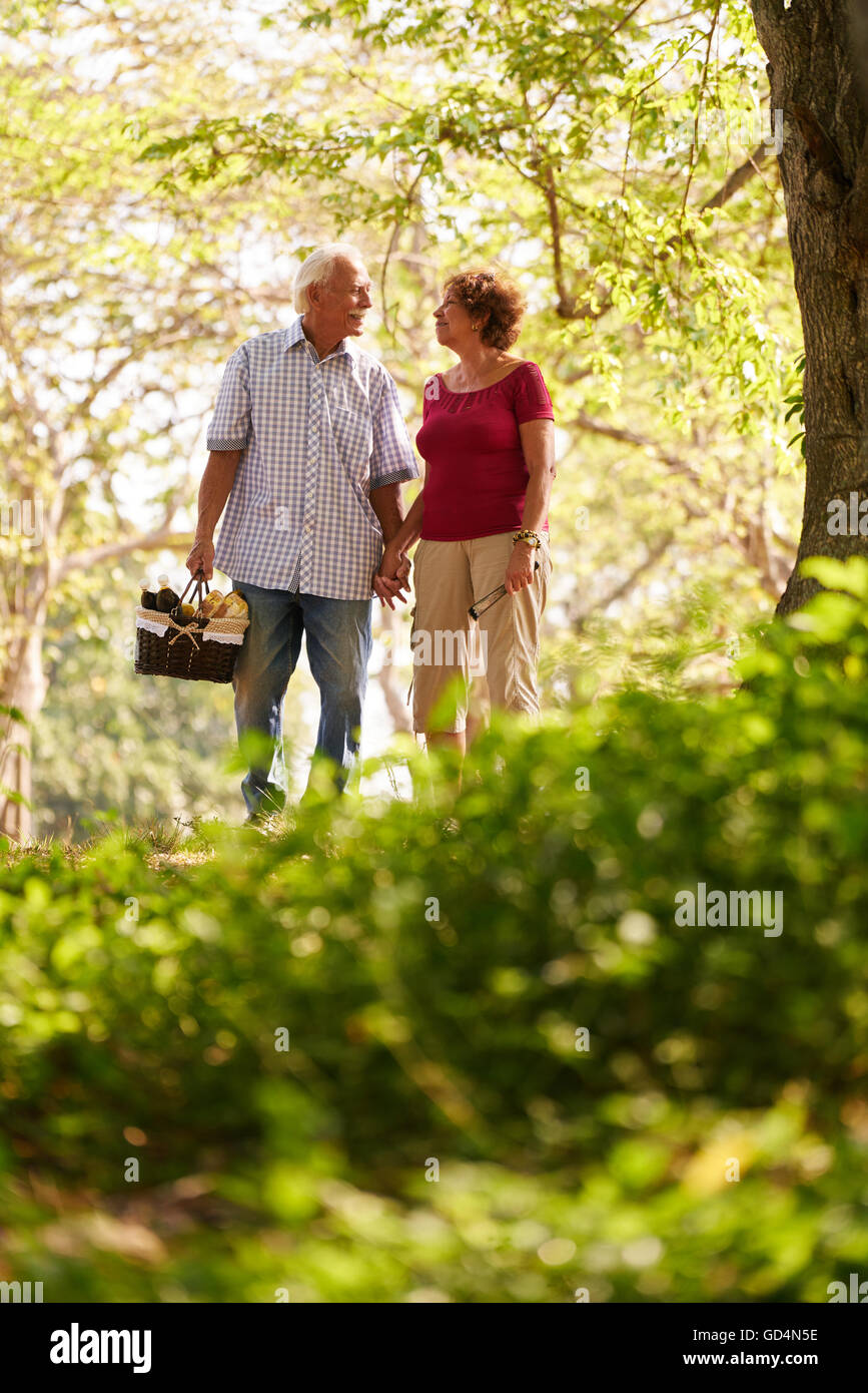 Vecchia coppia, anziani l uomo e la donna nel parco. Attiva gli anziani pensionati tenendo le mani e passeggiate nel parco con un cestino da pic-nic Foto Stock