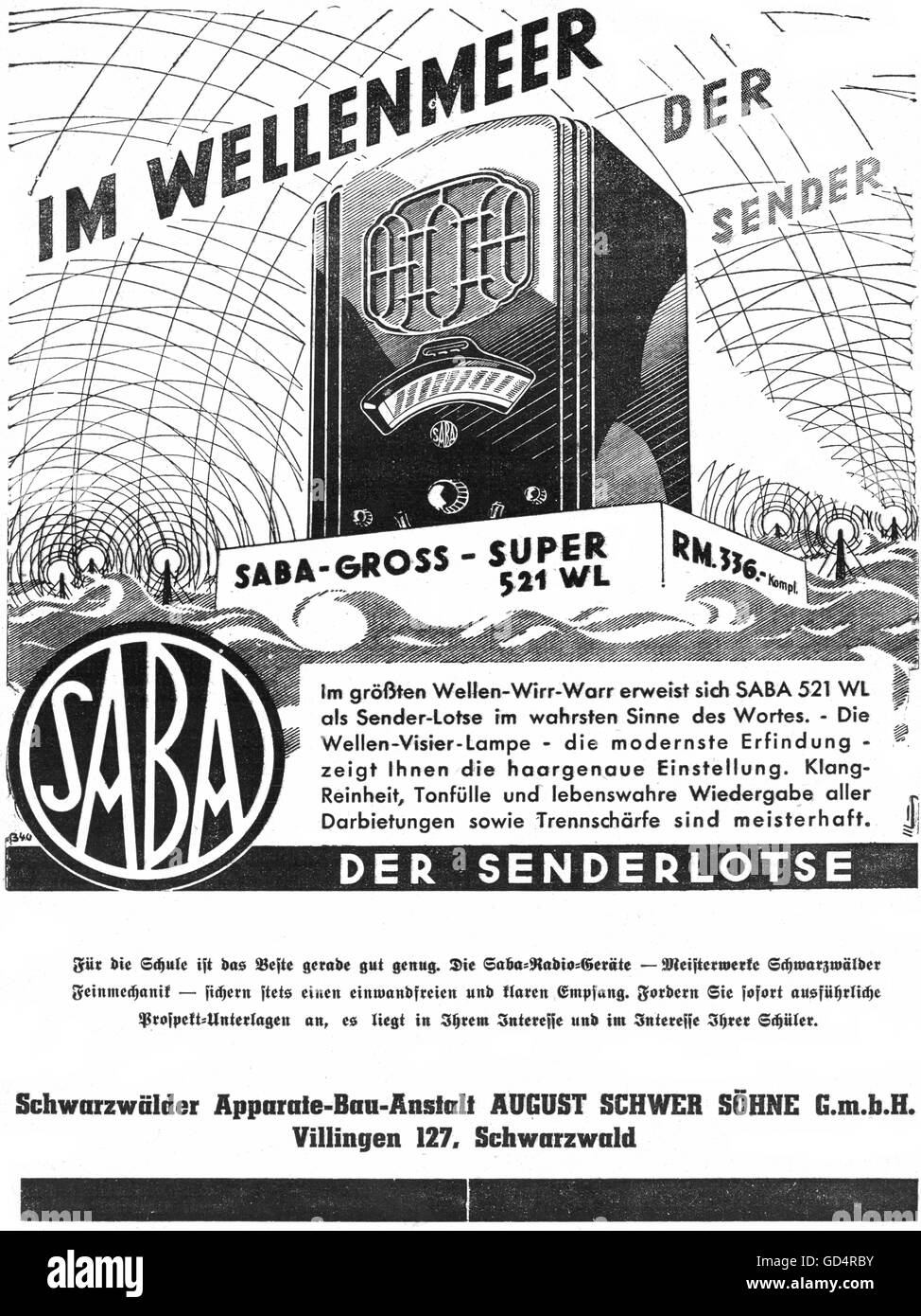 Pubblicità, radio, Saba 521 WL, Schwarzwälder-apparate-Bau-Anstalt, August Schwer Sons private limited Corporation, Villingen, pubblicità, agosto 1934, diritti-aggiuntivi-clearences-non disponibile Foto Stock