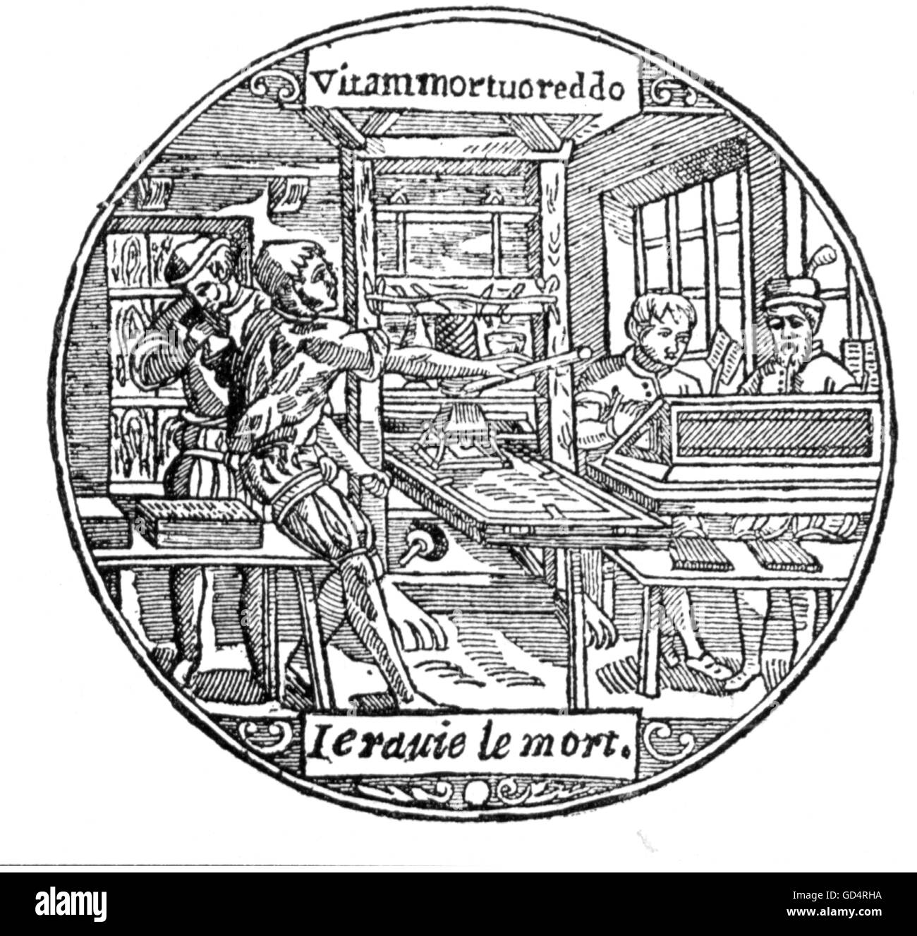 Technics, letterpress / media, print shop, dopo il marchio di Enguilbert de Marnef e i fratelli Bouchet, Poitiers, Francia, 1567, Additional-Rights-Clearences-non disponibile Foto Stock