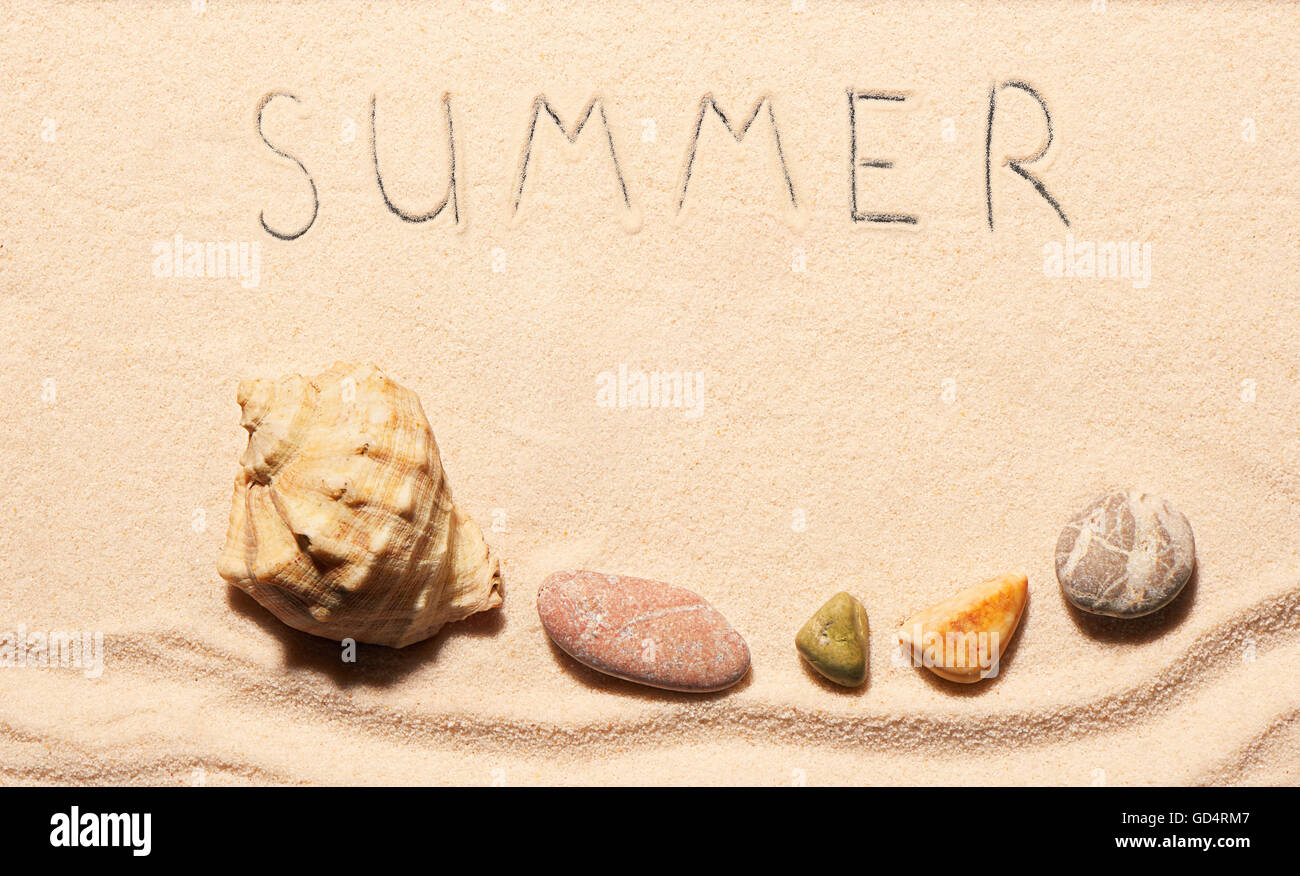 Seashell, pietre di mare e di estate lettering disegnato sulla sabbia. Estate spiaggia sfondo. Vista da sopra Foto Stock