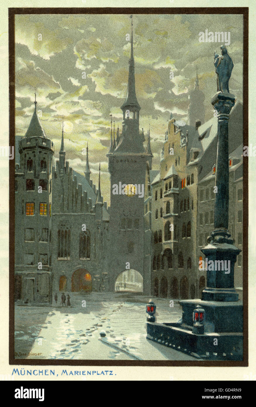 Belle arti, Diemer, Michael Zeno (1867 / 1939), Litografia a colori, Marienplatz Germania 1901, artista del diritto d'autore non deve essere cancellata Foto Stock