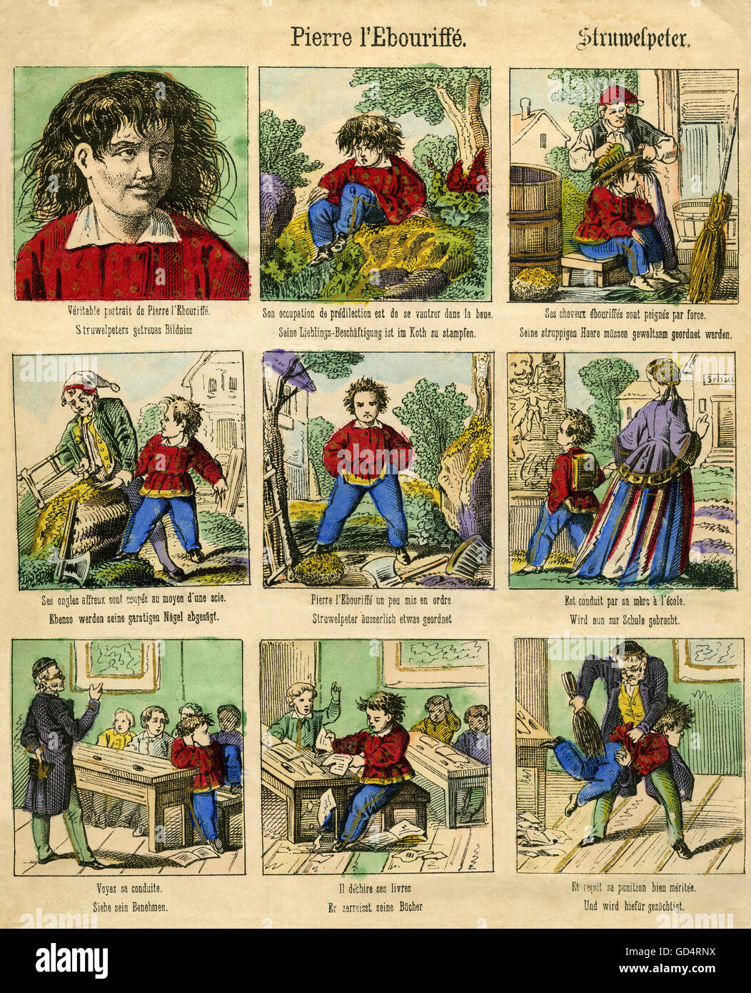 Letteratura, 'Der Struwwwwelpeter', di Heinrich Hoffmann (1809 - 1894), edizione bilingue con traduzione francese 'Pierre l'Ebouriffe', da: 'Fliegende Blaetter', Monaco di Baviera, 1850, diritti aggiuntivi-clearences-non disponibili Foto Stock