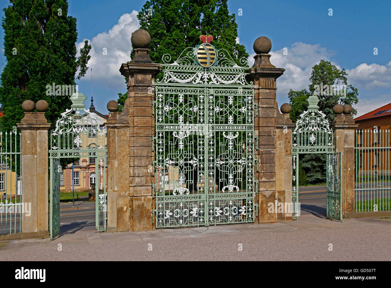 Cancello di ferro, ingresso al giardino barocco e l'Orangerie del castello di Friedenstein, Gotha, Turingia, Germania Foto Stock