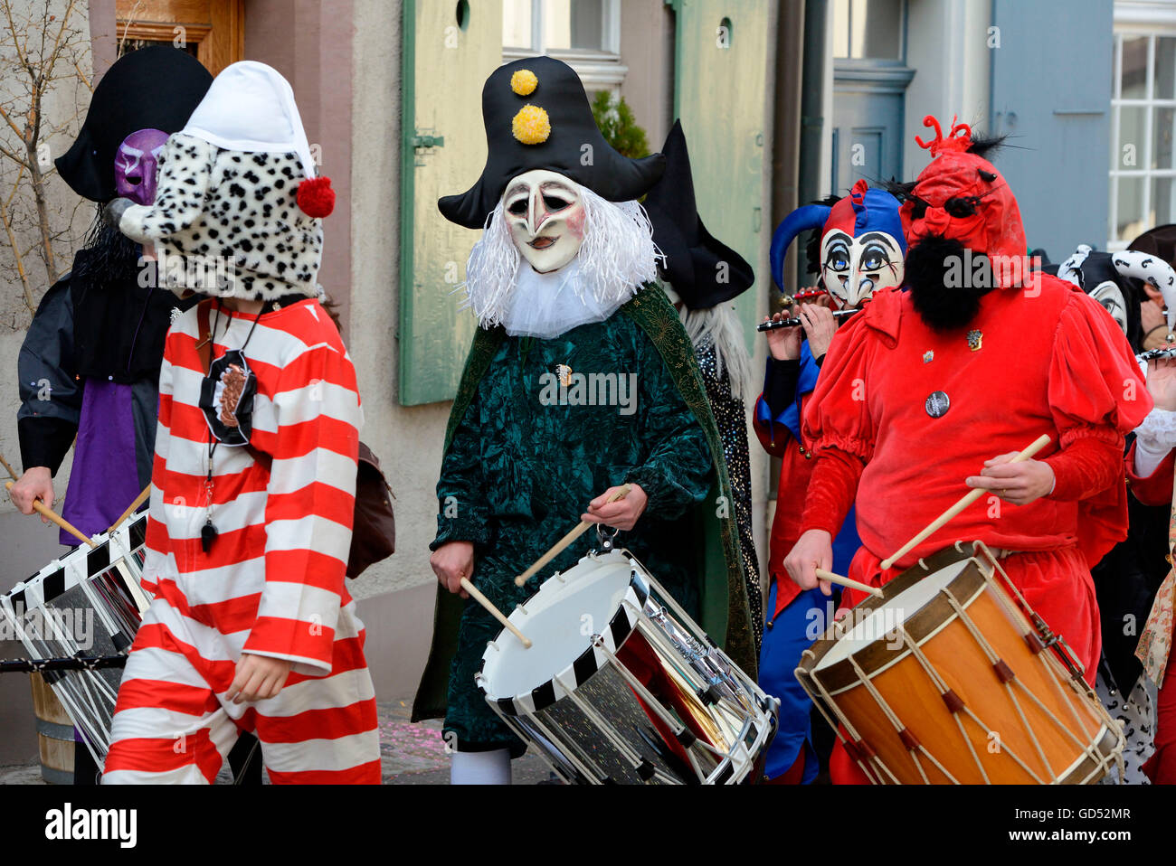 Il Carnevale di Basilea, gruppo con tamburi e flessibili, Basilea, Svizzera Foto Stock