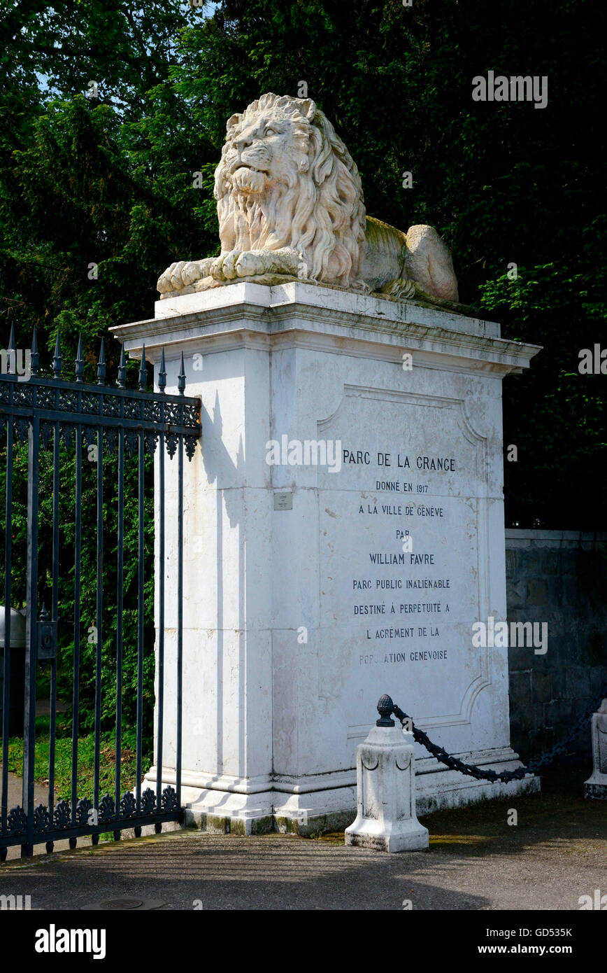 Ingresso, il Parc de la Grange, lion scultura, Ginevra, il cantone di Ginevra, Svizzera Foto Stock