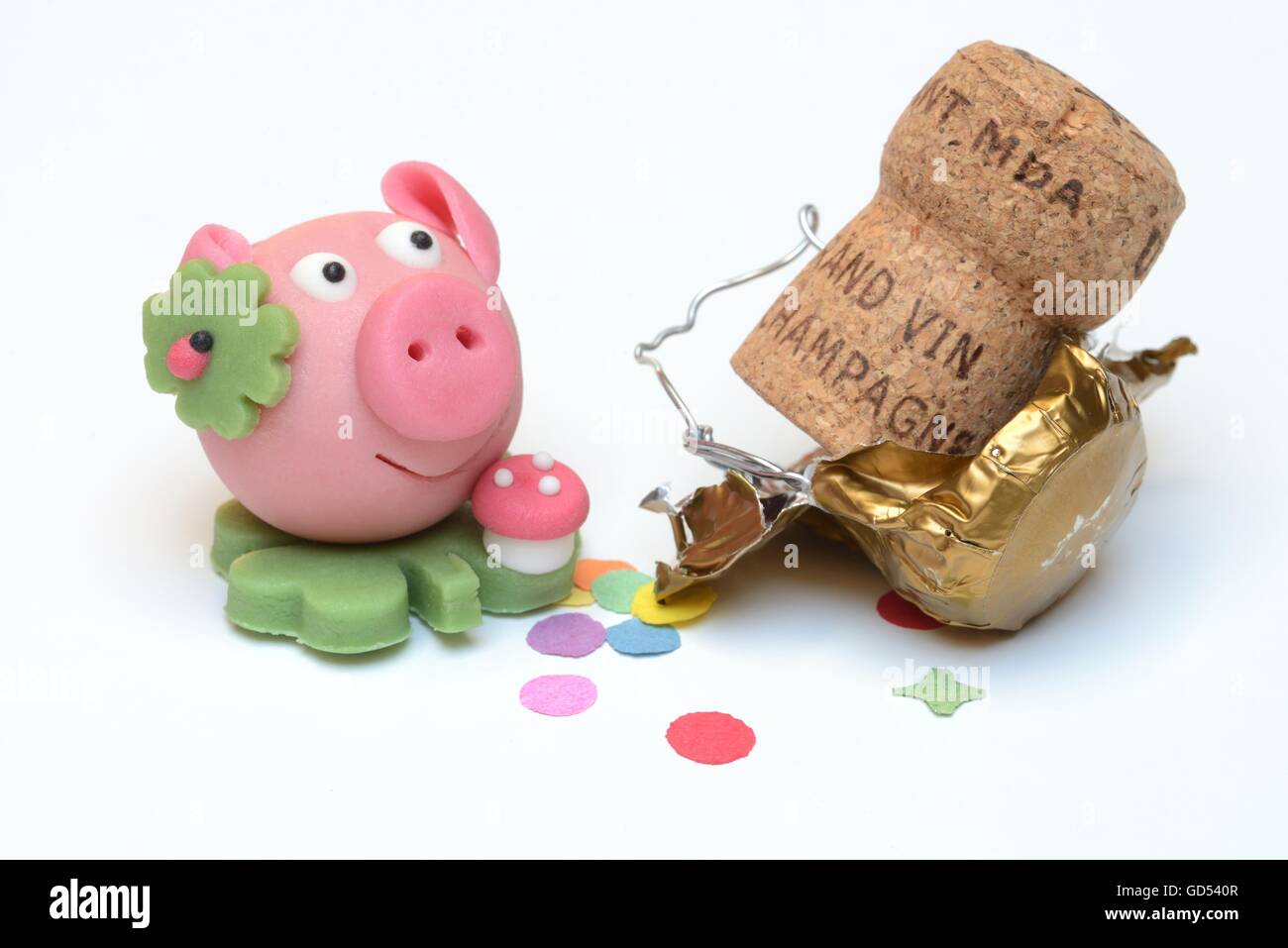 Lucky pig realizzato da marzapane e champagne Foto Stock