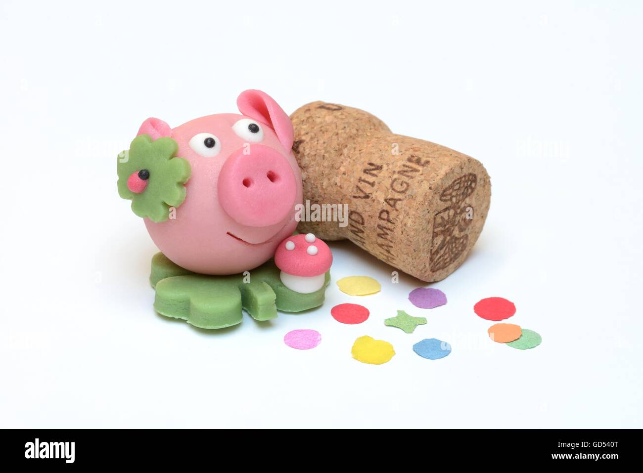 Lucky pig realizzato da marzapane e champagne Foto Stock