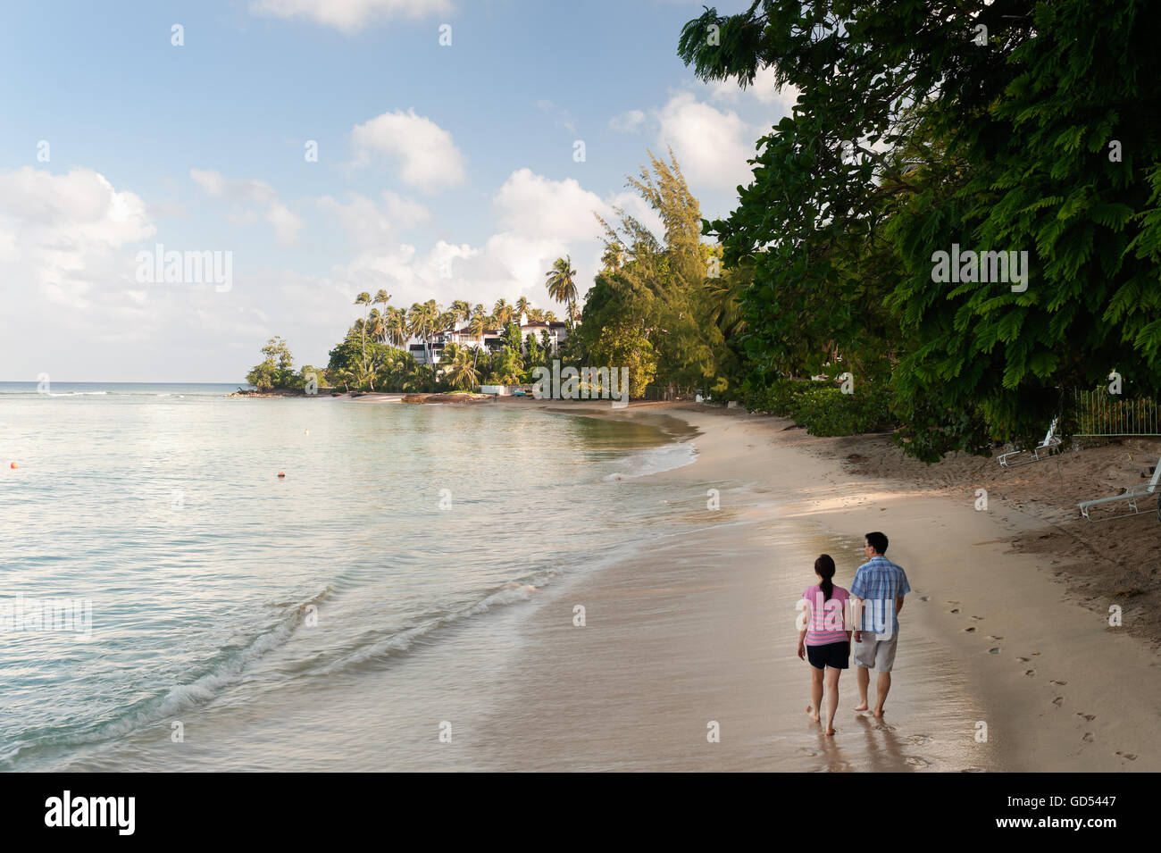 Leamington House villa con vista oceano e palme sulla spiaggia in Barbados, West Indies Foto Stock