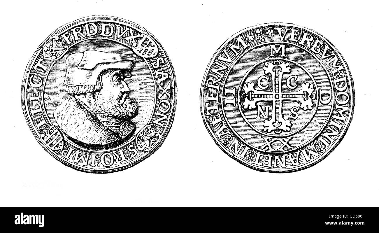 XVI secolo, medaglia-come argento thaler di Friedrich il saggio di Sassonia, il cuscinetto sulla parte anteriore della testa del principe elettore, sulla parte posteriore di una croce decorata con la sigla CCNS (Crux Christi Nostra Salus) Foto Stock