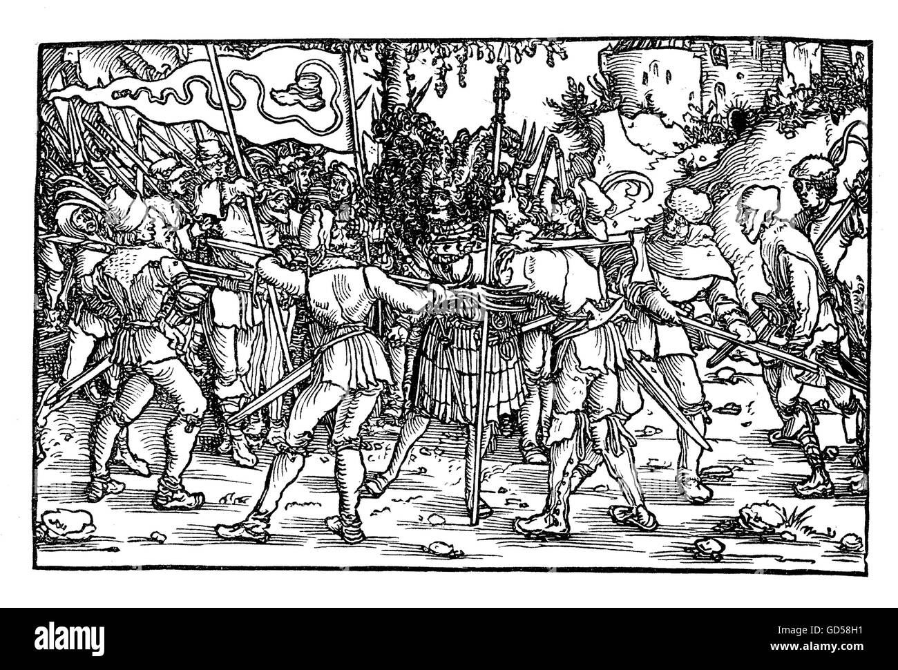 XVI secolo, scena del tedesco del contadino raffigurante la guerra sedictionists con il boot-banner del cuscinetto che simboleggia la lievitazione e anticipo dei contadini, circa per uccidere un captive knight. Foto Stock