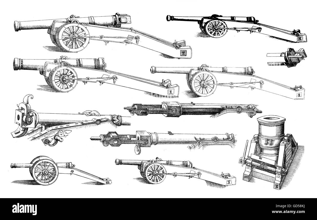 Artiglieria, diversi tipi di armi da fuoco in uso nel XVI secolo Foto Stock