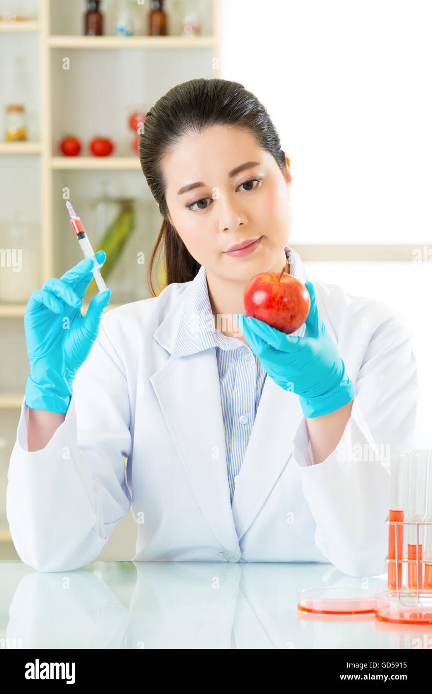 La biotecnologia engineer esaminando la modificazione genetica di apple in laboratorio Foto Stock