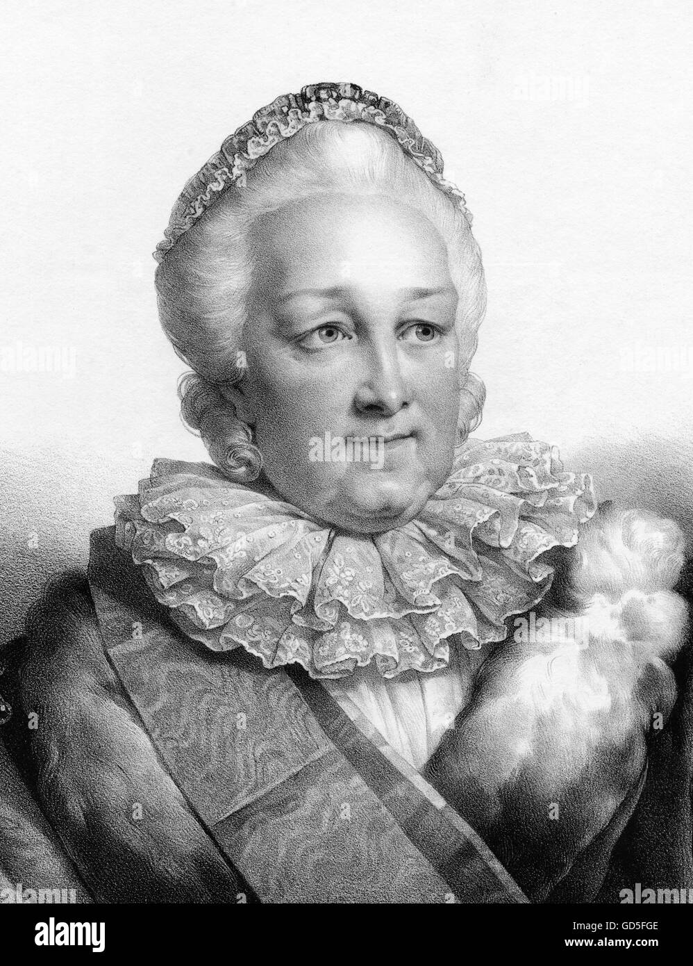 L'imperatrice Caterina II di Russia (1729-1796), noto come Caterina la Grande, è stata la più lunga-pregiudiziale leader femminile della Russia, che regna dal 1762 fino alla sua morte nel 1796. Litografia da Charles Etienne Pierre Motte da un ritratto da Henri Grévedon, 1827 Foto Stock