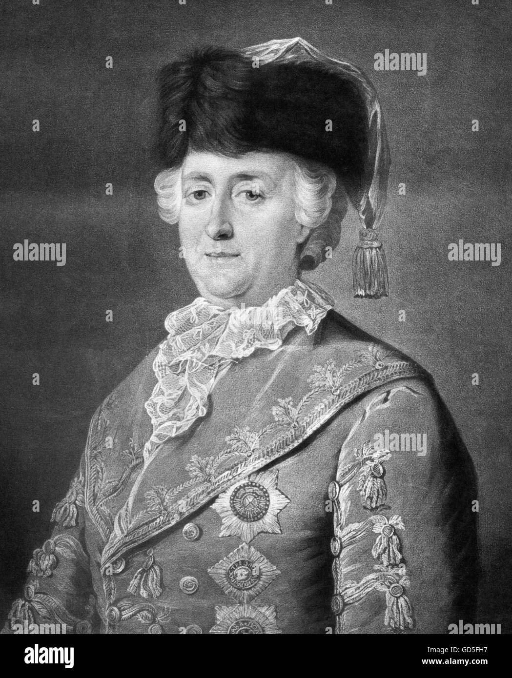 L'imperatrice Caterina II di Russia (1729-1796), noto come Caterina la Grande, è stata la più lunga-pregiudiziale leader femminile della Russia, che regna dal 1762 fino alla sua morte nel 1796. Ritratto di James Walker, 1792 Foto Stock