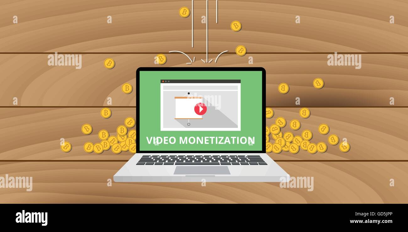 Video marketing monetizzazione gold coin denaro concept Illustrazione Vettoriale